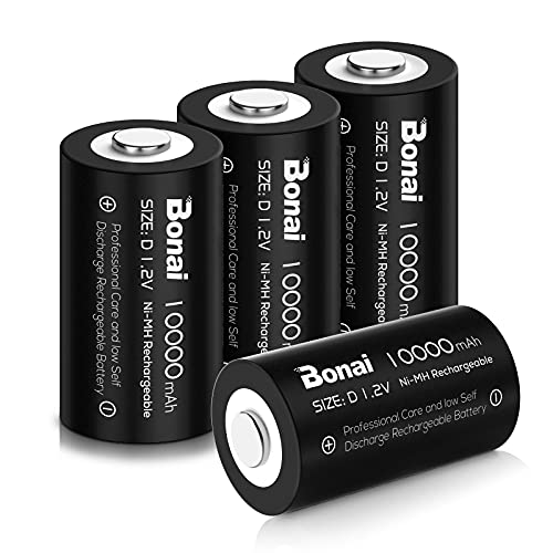 BONAI Pilas D Recargables 1.2V Ni-MH 10000mAh Ultra Alta Capacidad, Recargables Pilas D 1200 Ciclo, Precargadas para Remoto, Juguete, Equipo Médico (4 Piezas)