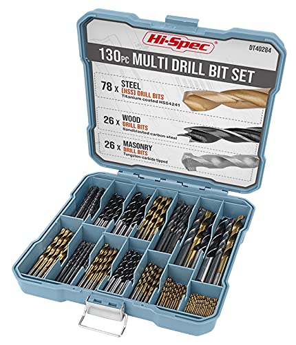 Hi-Spec Juego de Brocas Múltiples de 130 Piezas. Set Brocas de Acero Recubiertas en Titanio HSS. Para Taladrar y Perforar Metal, Madera y Piedra, Ideal Para Bricolaje. Incluye Kit de Almacenamiento.