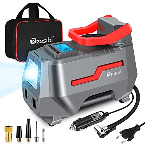 Reesibi Compresor Aire Coche 220V 12V, Máx. 150 PSI 10,3 Bar, Incluidas Kit de Adaptador Boquillas y Bolsa - Inflador Ruedas Coche y Casa Fuente de Doble alimentación