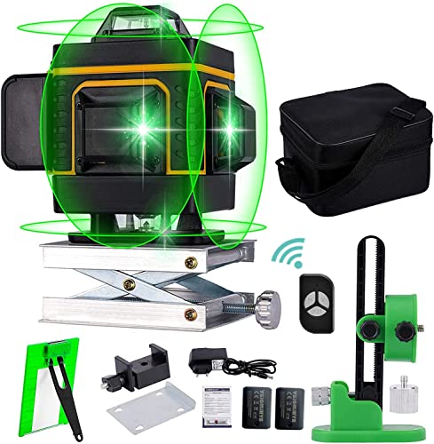 Nivel Láser de línea verde Autonivelante, 16 líneas 4D 360 Vertical/Horizontal Nivelador Láser Líneas, Niveles láser 360 grado con control remoto y base de elevación magnética