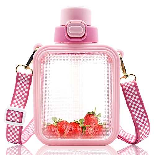 Botella de Agua Kawaii, Bonitas Botellas Agua Cuadradas Con Pajita Y Correa Ajustable, Botella Deportiva Para Mujer Con Pegatina Dibujos Animados, Cantimplora Viaje Portátil Para Regalos, 750Ml