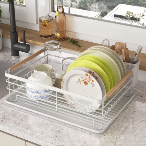 COVAODQ Escurreplatos con Bandeja de Goteo y colector de Cubiertos, Soporte para Cubiertos con Bandeja de Goteo, 43 × 32 × 14 cm (Blanco)
