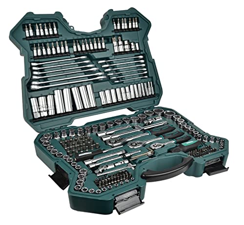Mannesmann M98430 - Maletín con llaves de vaso y otras herramientas (215 piezas, tamaño: 12x36x51 cm), Color Verde Mannesmann