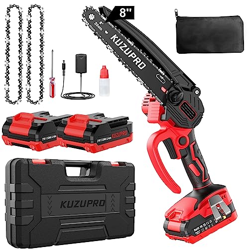 KUZUPRO Mini Motosierra Bateria 8 Pulgadas, Motosierra Eléctrica Brushless con 2 Baterías 2.0Ah, 2 Cadenas, 10m/s Velocidad Cadena Motosierra Inalámbrica para Ramas, Rboles, Patio, Hogar, Jardín