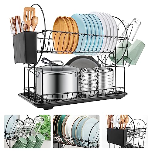 VFANDV Escurreplatos Acero Inoxidable, Escurridor de Platos de 2 Niveles, Escurridor Platos de Gran Capacidad, Escurridor de Platos para Fregadero con Soporte para Tabla de Cortar Bandeja de Goteo