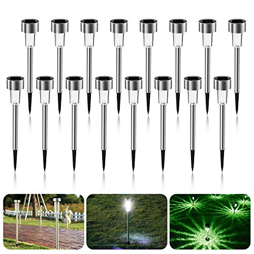 Luces Solares Jardín, 16 Pcs Energía Solar Luces Jardín, Impermeable Lampara Solares Jardín, LED al Aire Libre Lamparas solares Paisaje, Acero Inoxidable Luz Solar de Césped Para Pasillo, Patio