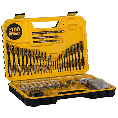 DeWalt DT71563-QZ - Juego de 100 Piezas taladrar 12XBrocas para madera3-8mm, 3X Mamposteía 6-8mm, 12X Metal 1,5-6mm, Puntas para Atornillar, 1 Avellanador, 2X Coronas 32,44mm, Broca piloto