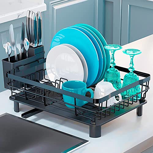 Marctani Escurreplatos de Acero Inoxidable - Escurridor de Platos de Alta Capacidad - Estante de Secado de Metal con Soporte para Cubiertos Extraible y Caño de Drenaje Giratorio (1 Piso, Negro)