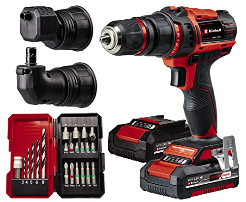 Einhell Taladro con batería TE-CD 18/45 3X-Li+22 Power X-Change (18 V, 45 Nm, portabrocas desmontable, pieza angular y excéntrica, set de puntas de 22 piezas, 2 baterías de 2,0 Ah, cargador + E-Box)