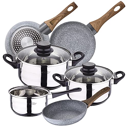 San Ignacio Toledo Bateria de cocina 5 piezas, acero inoxidable, con juego sartenes Daimiel (18/20/22 cm) en aluminio forjado aptas para induccion, Cromado / Gris