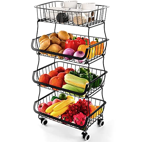 Cesta de Frutas Metal 4 Pisos Cestas de Frutas y Verduras con Ruedas, Cesta Almacenamiento Cocina, Frutero, Verdulero, Organizador Cocina