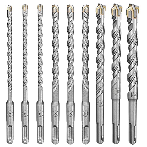 Juego de Brocas SDS Plus para Martillo 9 piezas 5, 6, 6, 8, 8, 10, 12, 14, 16 x 160 mm Taladro de Percusión para Concreto Ladrillos Pavimento Madera