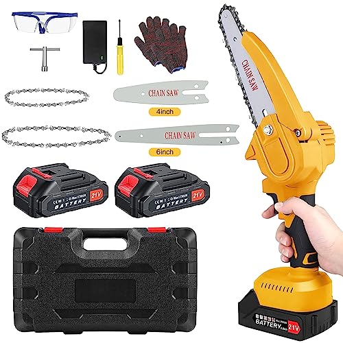 Mini Motosierra Bateria,BIAOQINBO Motosierra Bateria 6 Pulgadas,Motosierra Eléctrica Bateria Portátil con 2 Baterías 2.0Ah,2 Cadenas,Sierra Electrica Inalámbrica Podar Arboles para Jardín Patio