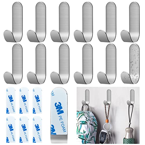 Realure 12 Piezas Ganchos Adhesivos para Pared de Acero Inoxidable, Colgadores Adhesivos Resistentes, Percha Adhesivas Sin Taladro, Gancho Adhesivo para Colgar Toallas Albornoz, Baño y Cocina (Plata)