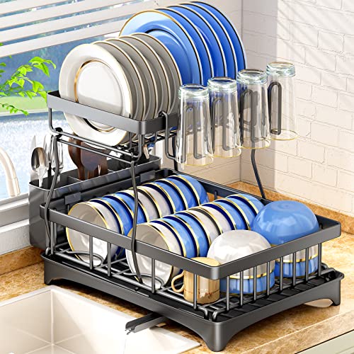 Escurreplatos, SAYZH Escurridor De Platos Desmontable De 2 Niveles, Organizador De Escurridor De platos De Gran Capacidad Con Soporte Para Utensilios, Estante Para Tazas Para Mostrador De Cocina,Negro