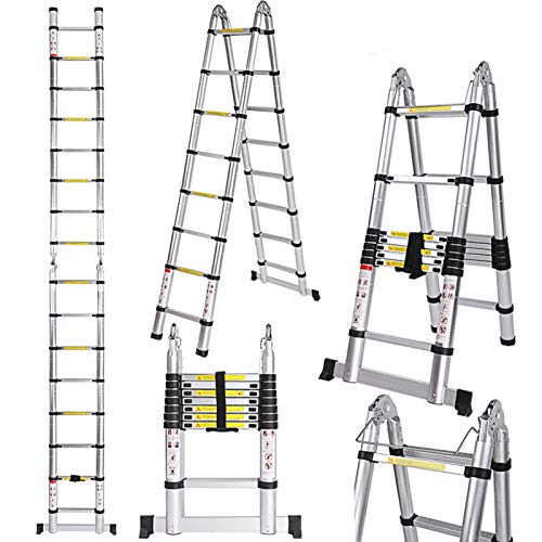 COOCHEER- 5M Escalera Plegable,Escalera Telescópica de Aluminio,Escalera Extensible (5 m, Aluminio, 16 escalones, Carga máxima 150 kg)