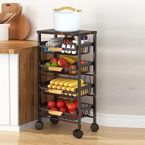 Treesunshine Carrito Auxiliar con Ruedas, Carrito de Cocina con encimera, Carrito de Servir con Cesta Extensible de aleación de Hierro y Carbono, Carrito de Cocina de Madera, 5 Niveles