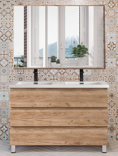 Conjunto de Mueble Modelo Ocean 3 cajones de 120cms de Ancho, Encimera de Resina y Espejo Bisel para Baño.