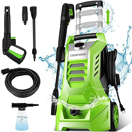 COOCHEER Limpiador de Alta presión con Boquilla 3 en 1, presión máxima: 160 Bar, caudal 480 L/h, 2000 W, Manguera de 5 m, para Limpiar Coches, Cubiertas, entradas, terrazas, ohne Schlauchtrommel