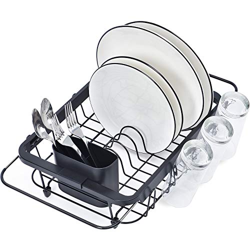 KINGRACK Escurreplatos sobre Fregadero y Extensible, con Extraíble Soporte de Cubertería y Portavasos, Escurreplatos para Colocar sobre Fregadero o Encimera de Cocina, Negro
