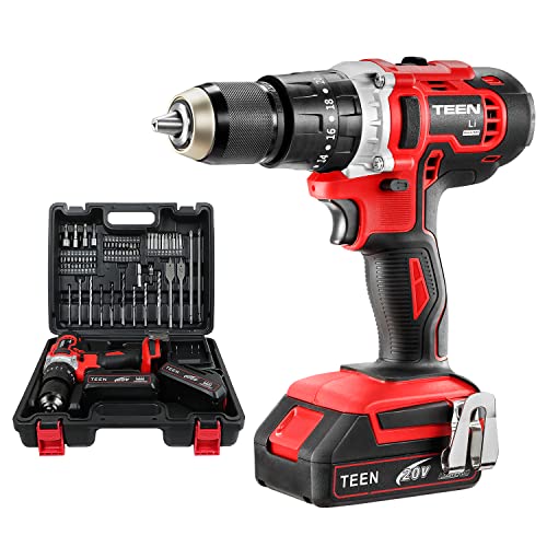 Taladro atornillador inalámbrico, TEEN 20 V, atornillador inalámbrico, 2 pilas de 2,0 Ah, 45 Nm, taladro de percusión, 20 + 3 ajustes de par y 2 velocidades, 69 accesorios, Rojo