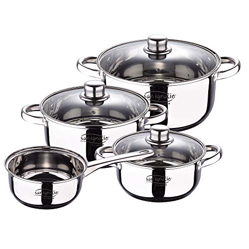 San Ignacio Bateria 7pca acero inoxidable: cazo Ø16x7,5 Cacerolas con tapa de Ø18x8,5 Ø20x9,5 y Ø24x11,5 cms, inducción, colección Cassel, 7 piezas
