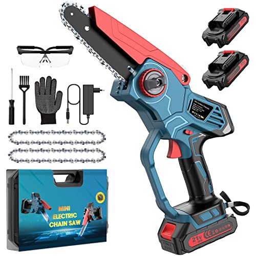 Mini Motosierra Bateria 6 Pulgadas, Motosierra Eléctrica, Motosierra de Mano para Ramas, Rboles, Jardín, 2 Baterías, 2 Cadenas