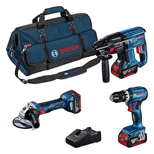 Bosch Professional 18V System GSB 18V-45 + GBH 18V-21 + GWS 18V-7 (125) - Set taladro + martillo + amoladora (3 baterías 4.0Ah, en bolsa) - Amazon Exclusive