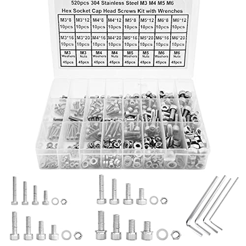 Tornillos Allen M3 M4 M5 M6, LUZOON 520 pcs Tornillos y Tuercas Tornillo Allen y Llave Allen Tornillos con Tuerca de Kits con Almacenamiento Caja de