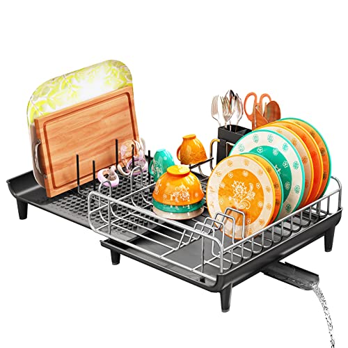 SAYZH Escurridor De Platos, Escurridor De Platos Extensible De Gran Capacidad con Soporte para Cubiertos Extraíble y Caño De Drenaje Giratorio para Encimera De Cocina Ahorre Espacio