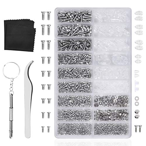 Mikihat 1000 Piezas Kit de Reparación de Gafas, Tornillo para Gafas con Tornillos, Tornillos Tuercas, Almohadillas Silicona, Destornillador, Mini Pinzas para gafas, gafas de sol, reloj, joyería