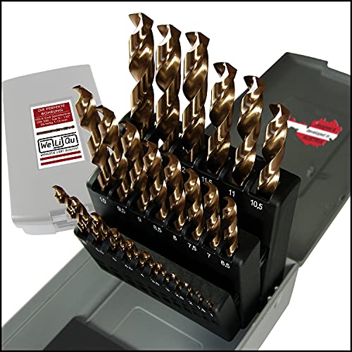 WeLiQu® Brocas para metal cobalto, HSS-E M35, 25 piezas, 1-13 mm, paso de 0,5 mm, autocentrado, DIN 338, tipo N, 135° para acero de hasta 1000 N/mm², V2A, CrNi, bronce, fundición.