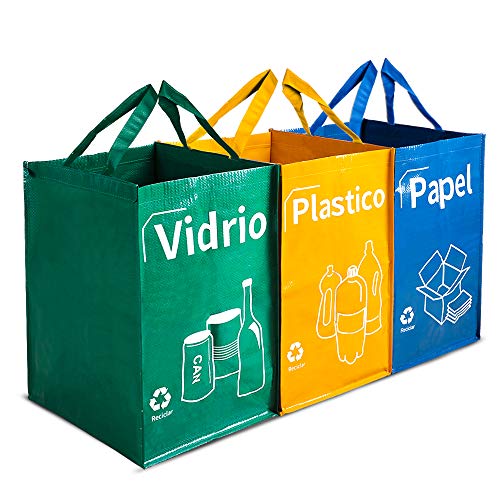 Opret Bolsas Basura Reciclaje 3 Piezas, Cubos de Basura de Reciclaje Colores con Gran Capacidad 40L Separadas con Asas, para Papelera/Vidrio/Plástico/Casa/Cocina