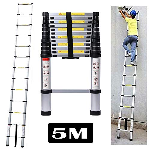 Escalera Telescópica de 5M, Escalera de Aluminio, Escalera de Extensión Multiusos, Capacidad de 150KG, para Trabajos al Aire Libre/Mantenimiento del Hogar