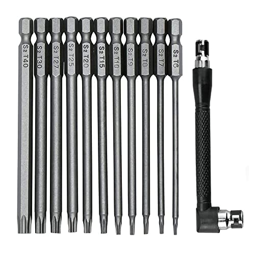 Fixinus Juego de 11 destornilladores Torx largos, vástago hexagonal magnético S2 de acero de 75 mm de largo, puntas torx, T6-T40, con soporte para puntas de destornillador de ángulo L