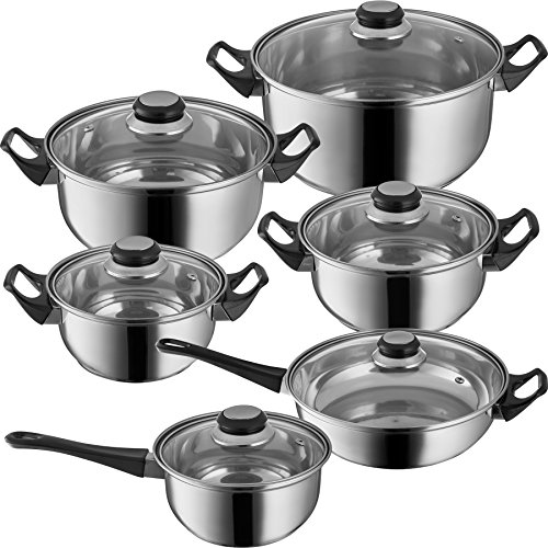 TecTake 401247 Set de Ollas de Acero Inoxidable, con Tapa de Cristal, Juego de 12 Piezas, Sartenes & Ollas, Menaje de Cocina