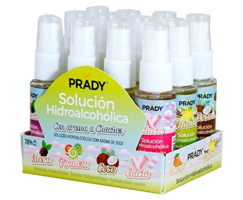 12 Spray Hidroalcohólico Prady con 6 Aromas: Piruleta, Chicle, Mango, Mora, Coco y Vainilla - Fabricado en España - 70% de Alcohol - Espray Desinfectante Gel Perfumado Niños Olor Golosinas Solución