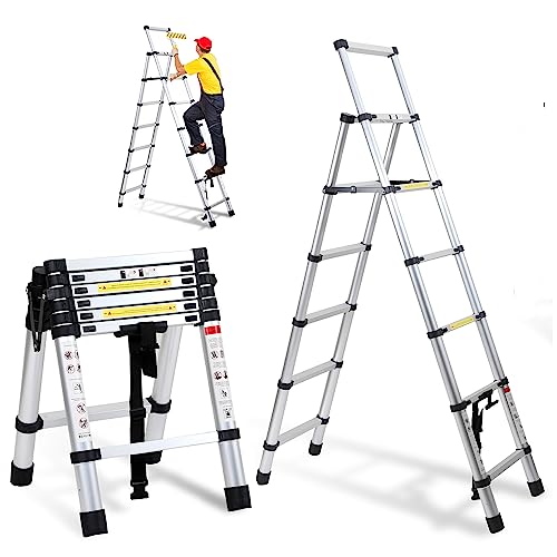 Ikodm Escalera telescópica plegable de aluminio de 1,7 m + 2,0 m, marco A, 5 + 6 peldaños, escalera extensible para reparaciones de techo, tamaño plegado 65 cm, capacidad de carga de 150 kg