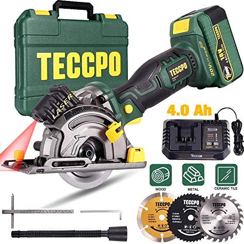 Sierra Circular Inalámbrica, TECCPO 18V Mini Sierra Circular, 4.0Ah Batería, 1H Cargador Rápido, 3 Hojas Ø 89mm, 3100RPM, Aadecuada para cortar Madera, Metal, Baldosas de Cerámica y Plástico - TDMS23P