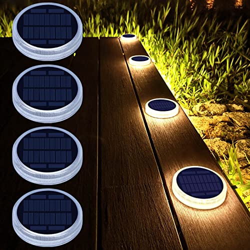 4 Pack Luces Solares Exterior, Lámpara Solar Jardin 24 LED 360° Iluminación IP68 Impermeable Auto ON/OFF Luz Solar del Piso para Step Garaje Camino Deck Entrada Calle Valla - Blanco Cálido