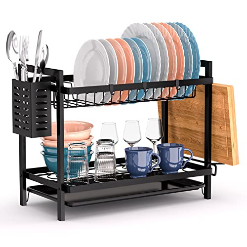 GuKKK Escurreplatos Acero Inoxidable, 2 Niveles Estante de Dish Escurreplatos con Bandejas de Goteo, Soporte para Tabla de Cortar, Alta Capacidad Escurridor Platos, Escurre Platos Armarios(Negro)
