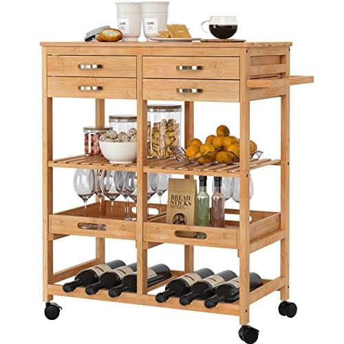 FOREHILL Carrito Cocina Bambú, Carrito de Servicio, Carrito Auxiliar con Ruedas, Carrito Verdulero Frutero, Carrito Almacenamiento para Frutas, Verduras, con 4 Cajones, 2 Bandejas, 66x36x81cm