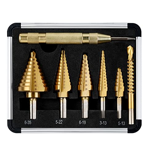 flintronic Broca Escalonada, 6 PCS Broca Cónica HSS Titanio, Punzón Central Automático, Acero de Alta Velocidad, para Taladrar con Destornillador en Acero, Madera, Plástico, Latón, Aluminio, PVC