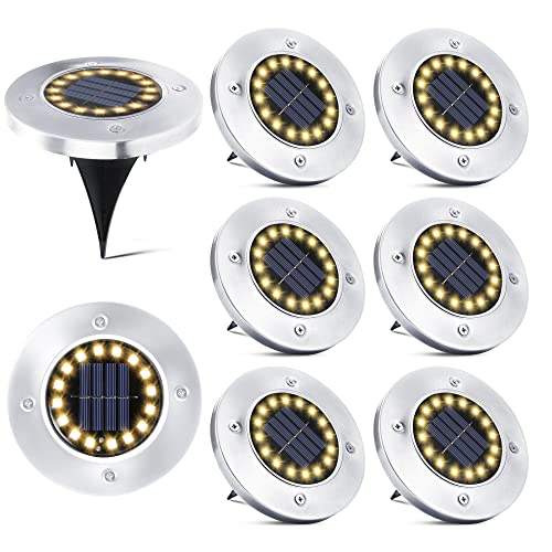 PhilzOps Luces de Tierra Solares Exterior, 8 Pieza 16 LED Luces Solar Jardin IP65 Impermeable Solarenterradas Luz Acero Inoxidable para Terraza Césped Patio Camino Pasarela Suelo, Blanco Cálido