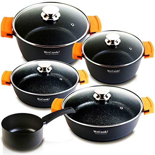 WECOOK EcoChef Titanio Batería Cocina Inducción 5 Piezas Aluminio Fundido Antiadherente QuanTanium + Piedra sin PFOA, Set Cazuelas Tapas Cristal, Asas Silicona, 5mm Espesor, Vitrocerámica, Gas