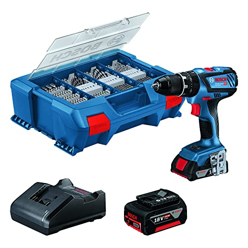 Bosch Professional 18V System GSB 18V-28 - Taladro percutor a batería (63 Nm, 1900 rpm, 1 batería x 2.0 Ah + 1 batería x 4.0 Ah, en maletín Pick & Click con 100 acc.) - Amazon Exclusive