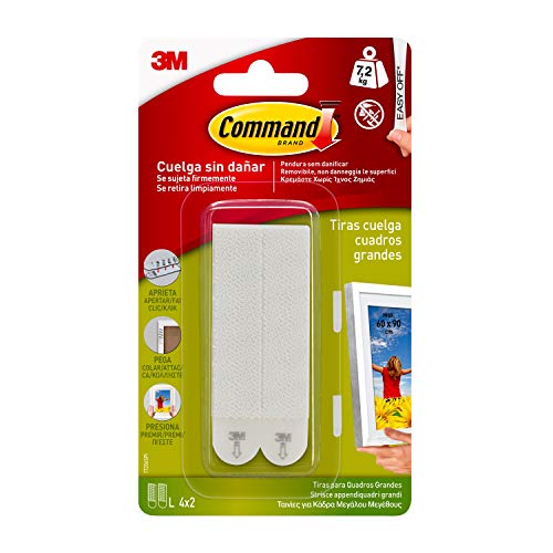 Command Tiras Adhesivas para Colgar Cuadros Grandes, Pack de 4 x 2 Tiras Blancas, Para Marcos, Espejos, Letreros, o Relojes de Pared, Hasta 7.2 kg, Colgar Sin Agujeros y Sin Taladrar