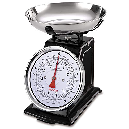 TERRAILLON - Balanza de cocina Vintage - Tara manual, esfera grande y bol de 1L, capacidad 5 kg - Modelo 'Tradition 500', negro
