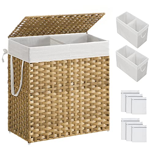 SONGMICS Cesto de la Ropa, 110L Cesto de la Colada, Tejido a Mano, con Compartimentos Separados, Ratán Sintético, con Tapa y Asas, Plegable, Bolsa de Forro Extraíble, Color Natural LCB52NL