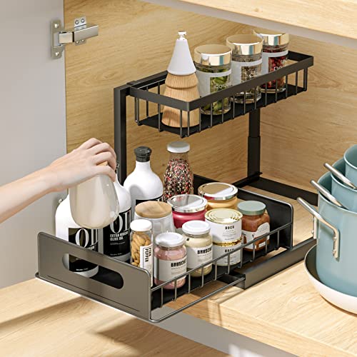 Famhap Almacenaje bajo Fregadero Estantería 2 Niveles, Organizador de Gabinete con 1 Cajones Extraíbles para Armario de Fregadero Estantes, Estante para Cajones para Cocina, Encimera o Baño, Negro